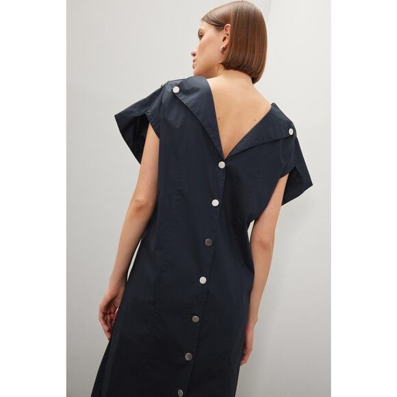 Plan C Dark Blue 100% Cotton Square Neck Button Up Back A-Line Dress Size 44 - Picture 4 of 14